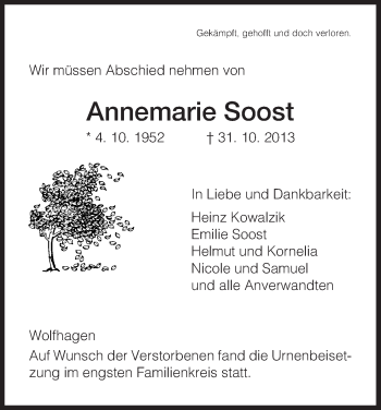 Traueranzeige von Annemarie Soost von HNA
