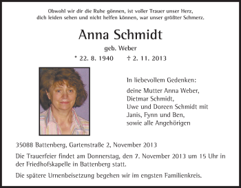 Traueranzeige von Anna Schmidt von HNA