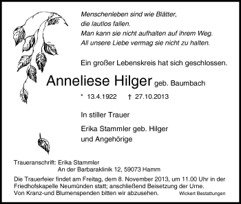 Traueranzeige von Anneliese Hilger von HNA