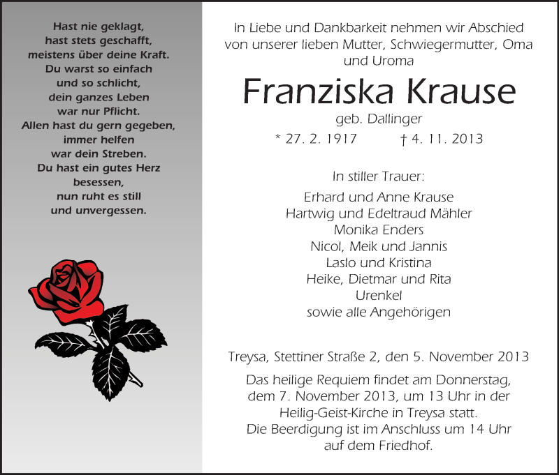  Traueranzeige für Franziska Krause vom 05.11.2013 aus HNA