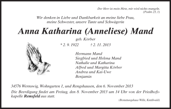 Traueranzeige von Anna Katharina von HNA