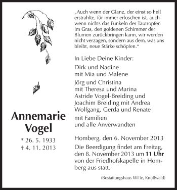 Traueranzeige von Annemarie Vogel von HNA