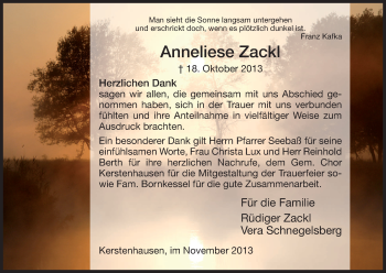Traueranzeige von Anneliese Zackl von HNA