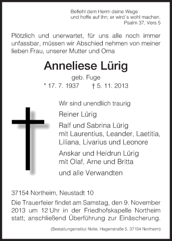 Traueranzeige von Anneliese Lürig von HNA