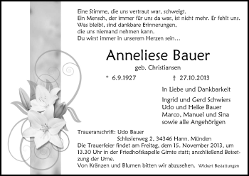 Traueranzeige von Anneliese Bauer von HNA