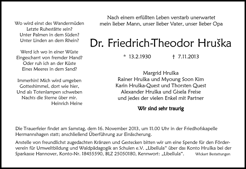  Traueranzeige für Friedrich-Theodor Hruska vom 09.11.2013 aus HNA