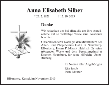 Traueranzeige von Anna Elisabeth Silber von HNA