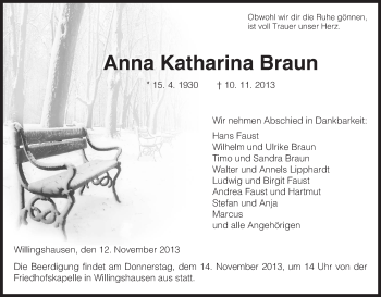 Traueranzeige von Anna Katharina von HNA