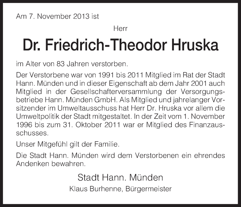  Traueranzeige für Friedrich-Theodor Hruska vom 13.11.2013 aus HNA