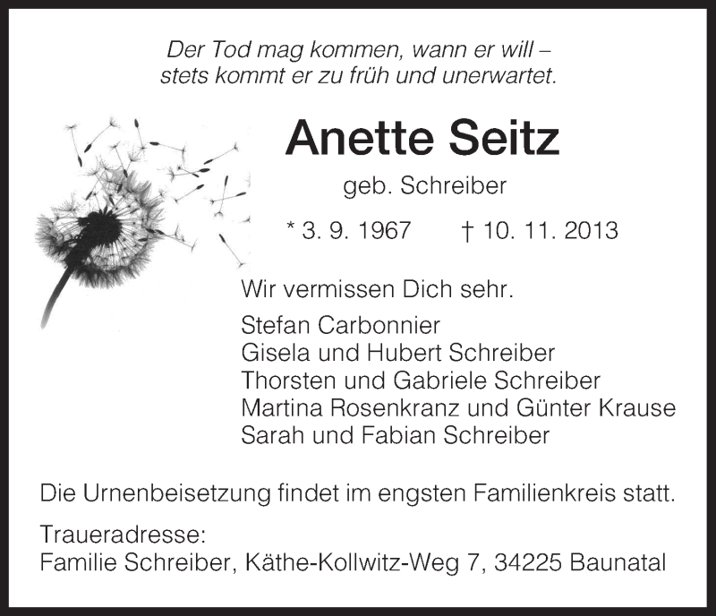  Traueranzeige für Anette Seitz vom 16.11.2013 aus HNA