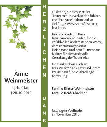 Traueranzeige von Änne Weinmeister von HNA