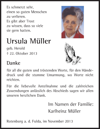 Traueranzeige von Ursula Müller von HNA