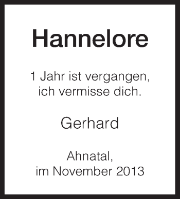 Traueranzeige von Hannelore  von HNA