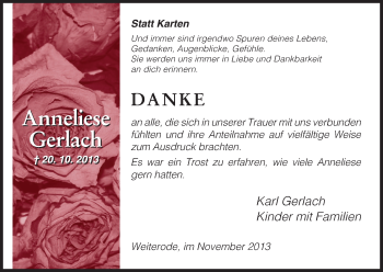 Traueranzeige von Anneliese Gerlach von HNA
