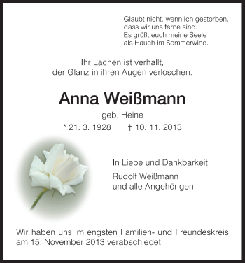 Traueranzeige von Anna Weißmann von HNA