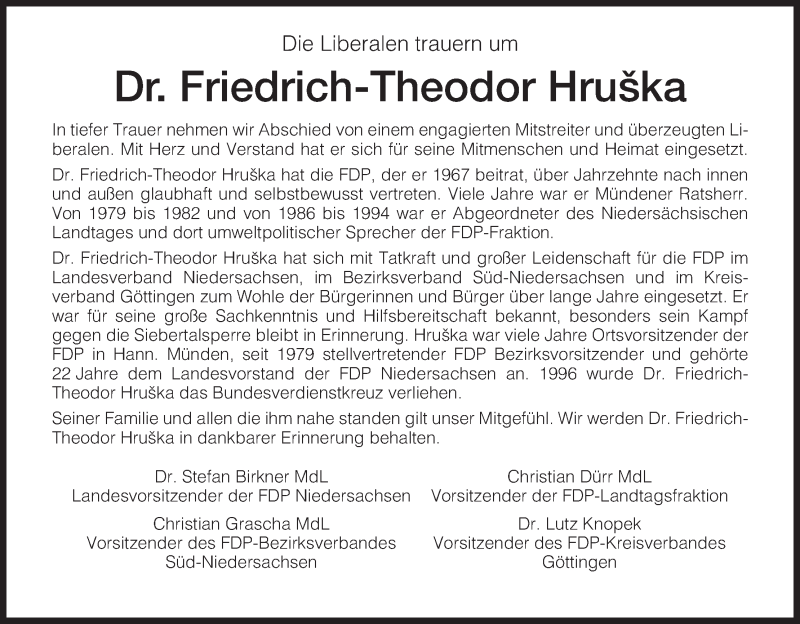 Traueranzeige für Friedrich-Theodor Hruska vom 15.11.2013 aus HNA