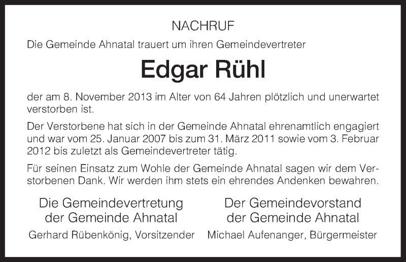  Traueranzeige für Edgar Rühl vom 16.11.2013 aus HNA