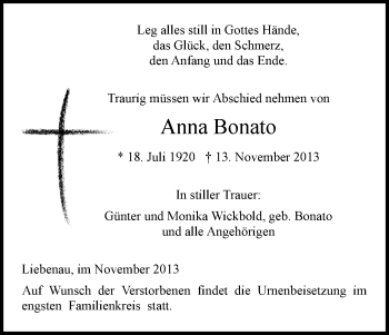 Traueranzeige von Anna Bonato von HNA