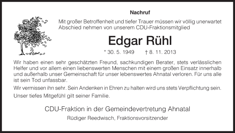  Traueranzeige für Edgar Rühl vom 16.11.2013 aus HNA