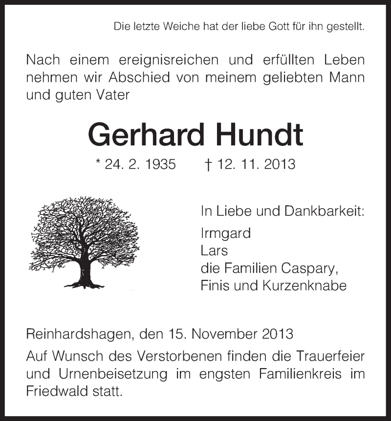  Traueranzeige für Gerhard Hundt vom 16.11.2013 aus HNA