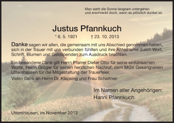 Traueranzeige von Justus Pfannkuch von HNA