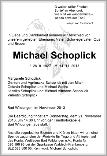 Traueranzeige von Michael Schoplick von HNA