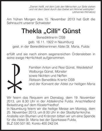 Traueranzeige von Thekla Günst von HNA