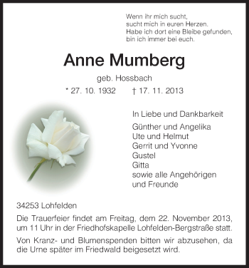Traueranzeige von Anne Mumberg von HNA
