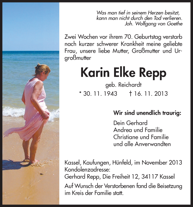 Traueranzeige für Karin Elke Repp vom 26.11.2013 aus HNA