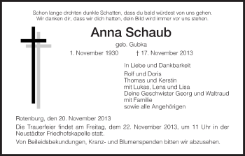 Traueranzeige von Anna Schaub von HNA