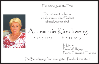 Traueranzeige von Annemarie Kirschweng von HNA