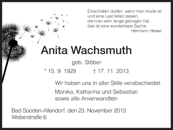 Traueranzeige von Anita Wachsmuth von HNA