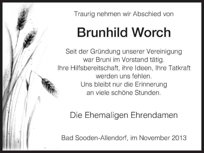  Traueranzeige für Brunhild Worch vom 23.11.2013 aus HNA