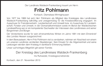 Traueranzeige von Fritz Pohlmann von HNA