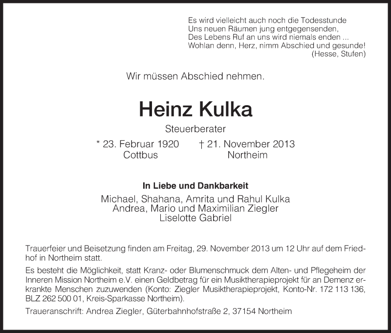  Traueranzeige für Heinz Kulka vom 25.11.2013 aus HNA