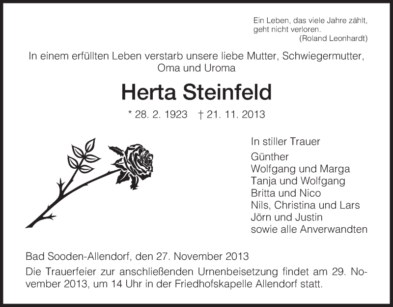  Traueranzeige für Herta Steinfeld vom 27.11.2013 aus HNA