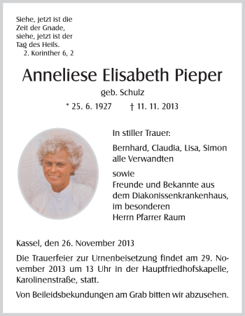 Traueranzeige von Anneliese Elisabeth Pieper von HNA