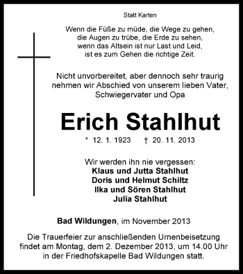 Traueranzeige von Erich Stahlhut von HNA