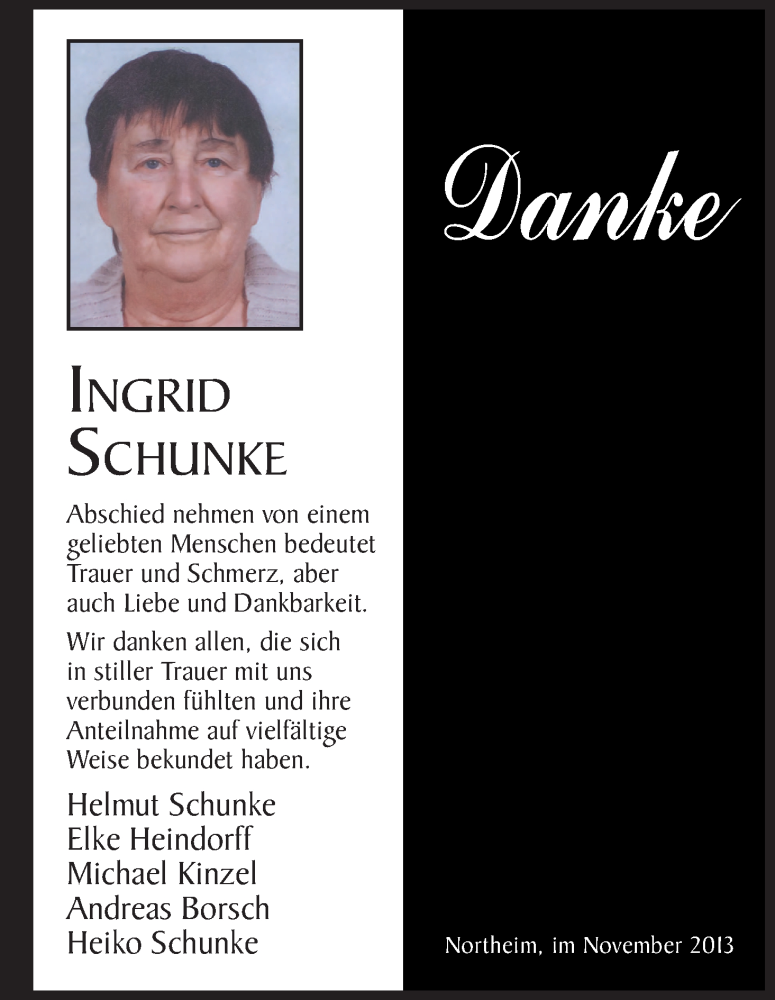  Traueranzeige für Ingrid Schunke vom 30.11.2013 aus HNA