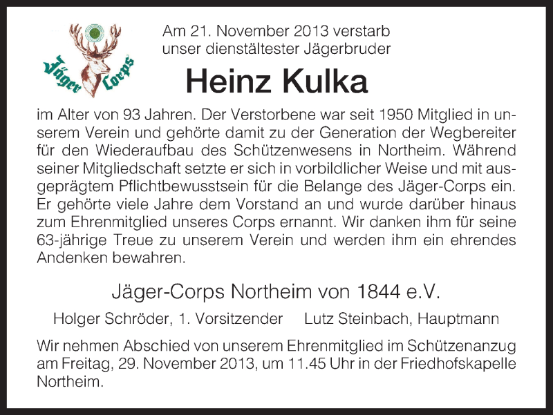  Traueranzeige für Heinz Kulka vom 27.11.2013 aus HNA