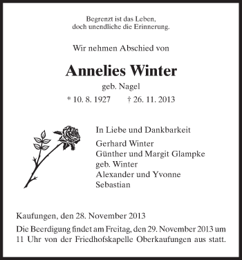 Traueranzeige von Annelies Winter von HNA