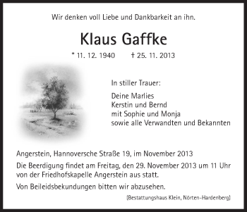 Traueranzeige von Klaus Gaffke von HNA