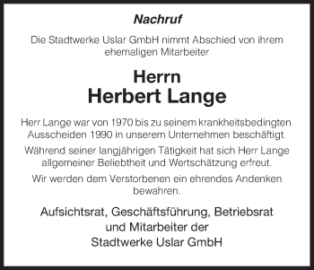 Traueranzeige von Herbert Lange von HNA