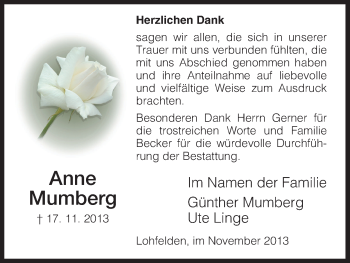 Traueranzeige von Anne Mumberg von HNA