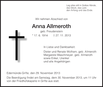 Traueranzeige von Anna Allmeroth von HNA