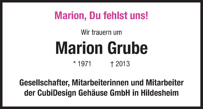  Traueranzeige für Marion Grube vom 30.11.2013 aus HNA