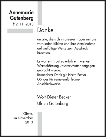 Traueranzeige von Annemarie Gutenberg von HNA
