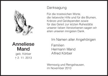 Traueranzeige von Anneliese Mand von HNA