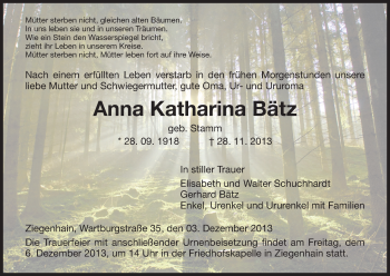 Traueranzeige von Anna Katharina Bätz von HNA