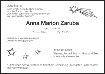Traueranzeige von Anna Marion Zaruba von HNA